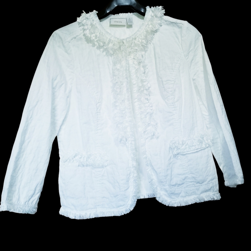Chico's White Fringe Jacket Size 1 Medium 8 Coastal Cowgirl Boho Resort Linen